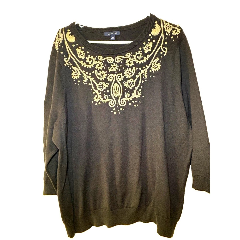 Lands' End Women's Black Solid Embroidered Knit Round Neck Sweater Size 1X